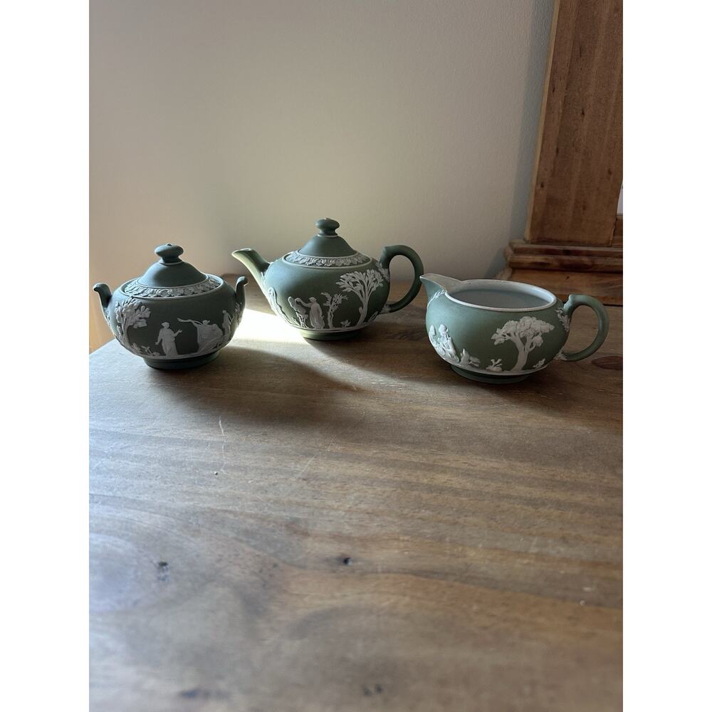Antique Wedgwood Sage Green Jasperware Tea Set, Teapot Creamer & Sugar Bowl
